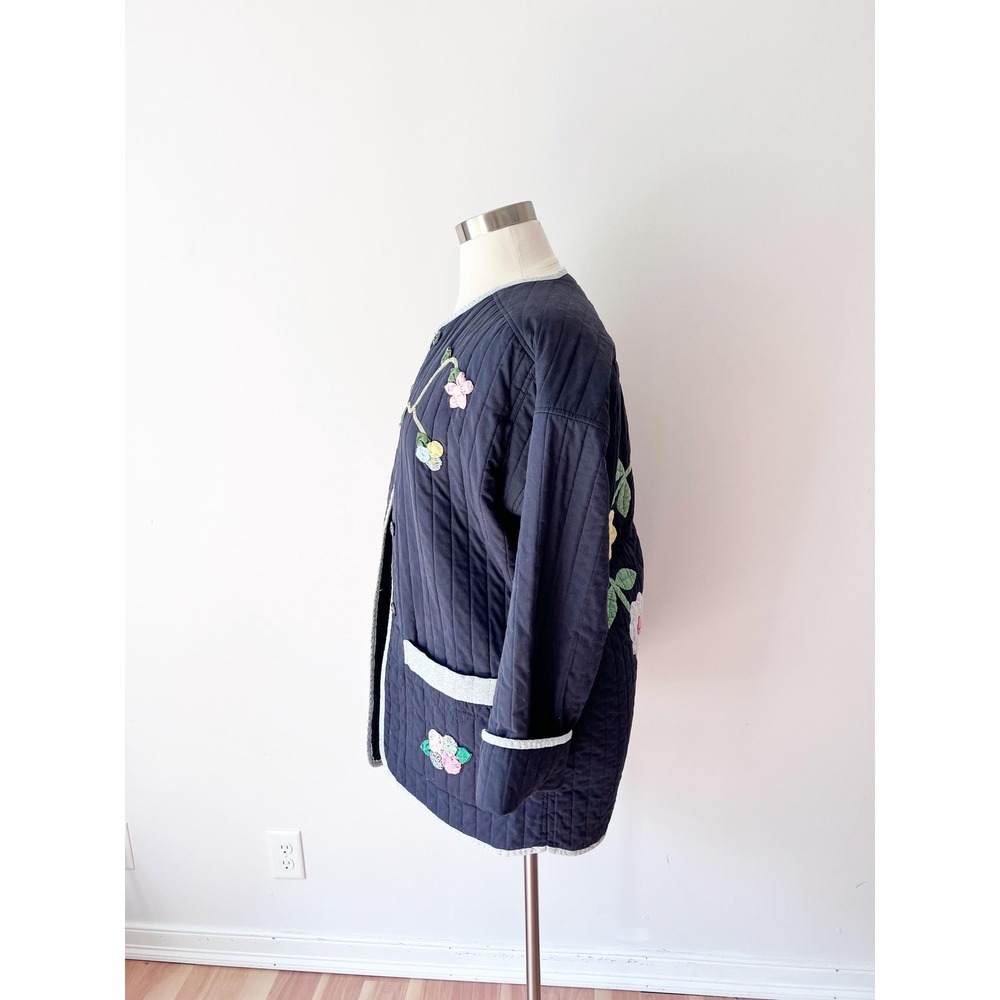 Jo Anne Johnson Quilted Jacket Navy Blue Floral Applique Yo-Yo Flower Artisan L - Picture 2 of 6